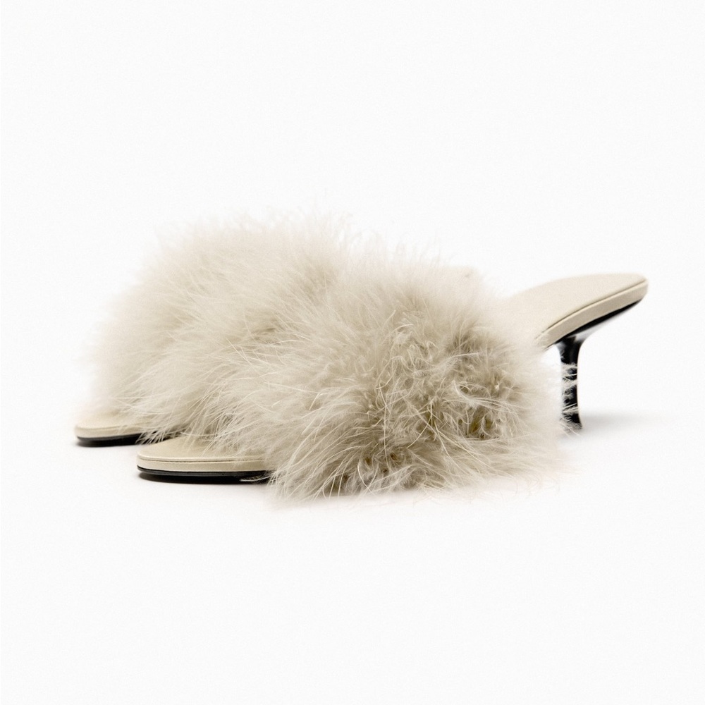 ISO ZARA Taupe Grey Feather Mule Heels sz 9/40